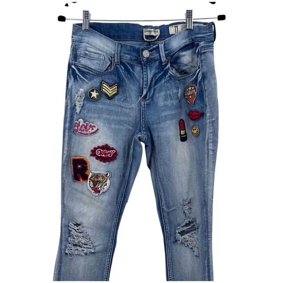 Indigo Rein Jeans Distressed Blue Fun Patches Size 11 - Picture 3 of 5